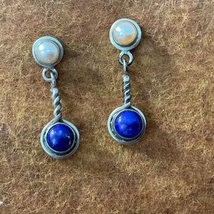 Vintage Sterling Silver Dangle Earrings With White & Blue Stones